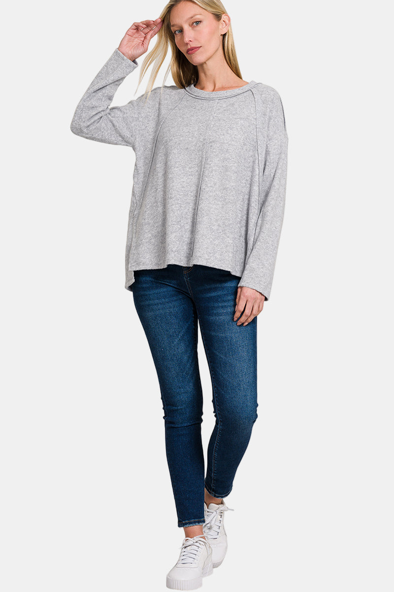Brushed Hacci Exposed Seam Hi Low Sweater / BLACK