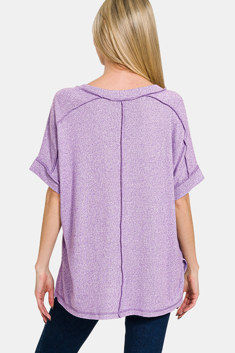 Soft Melange Hacci V-Neck Short Sleeve Hi-Low Tee / BLACK