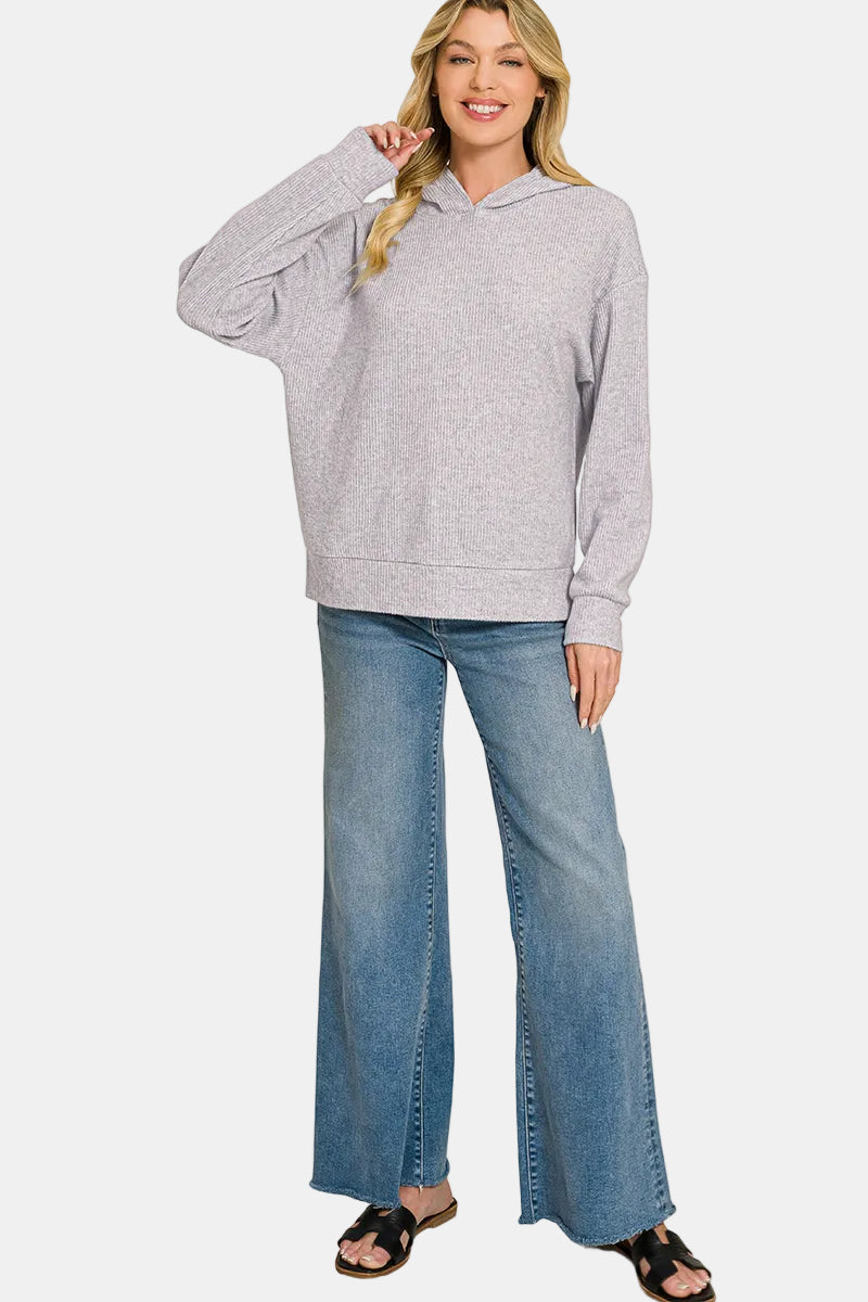 Brushed Ribbed Hacci Hoodie Pullover / DK OLIVE