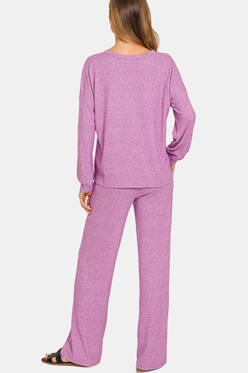 Soft Melange Long Sleeve Tee & Pants Set / DK RED