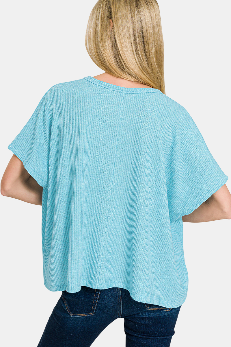 Ribbed Round-Neck Short-Sleeve Sweater / Black