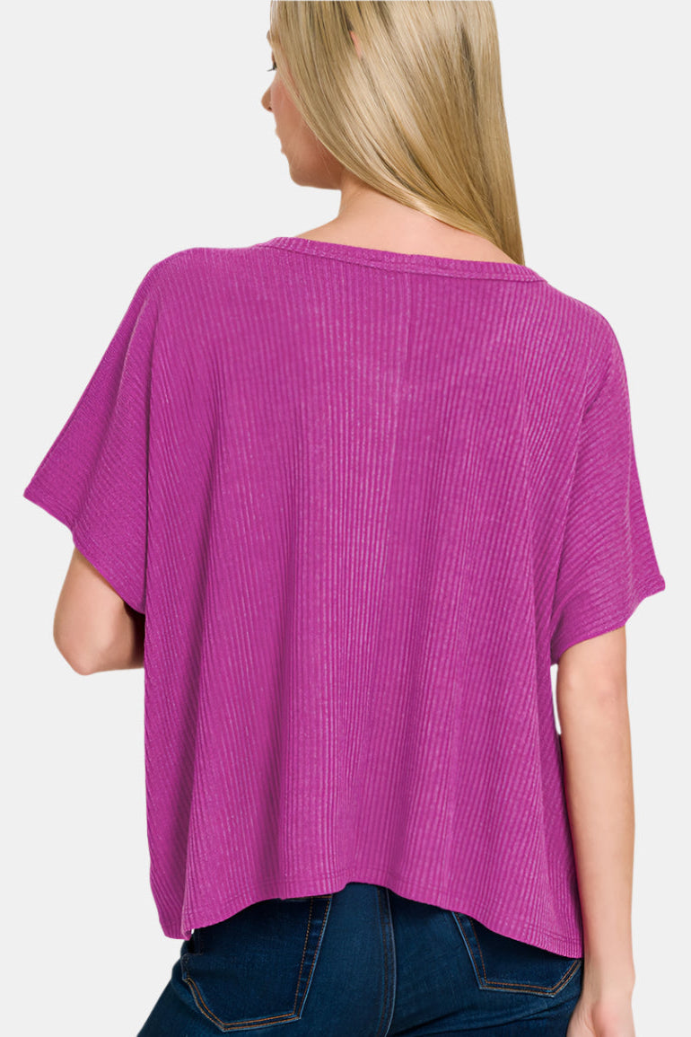 Ribbed V-Neck Short-Sleeve Sweater / OFF WHITE