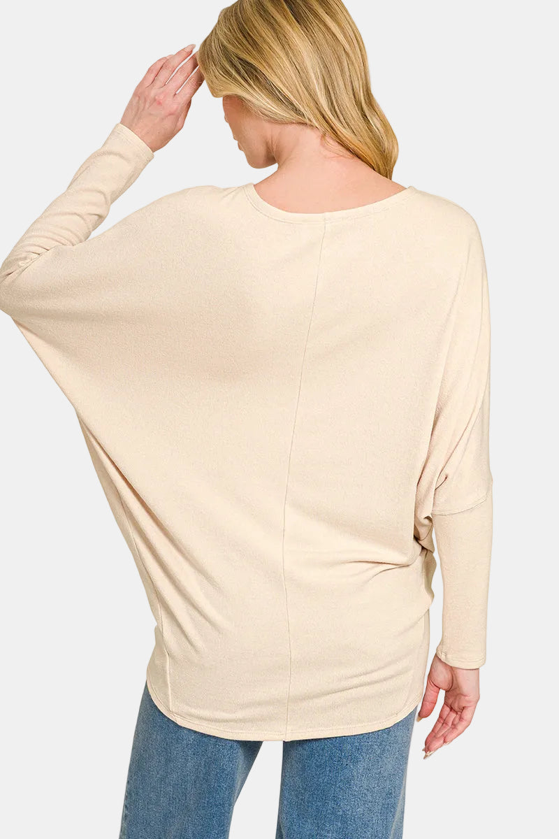 Hacci Dolman Long Sleeve Boat Neck Top / RUBY