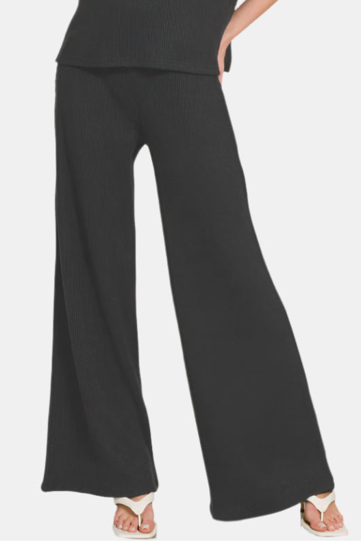 Sweater Rolled Sleeve Top & Long Pants Set / BLACK
