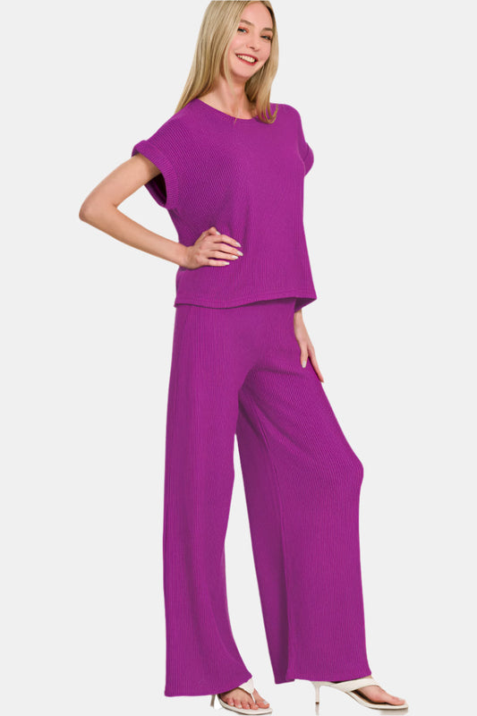 Sweater Rolled Sleeve Top & Long Pants Set / LT PLUM