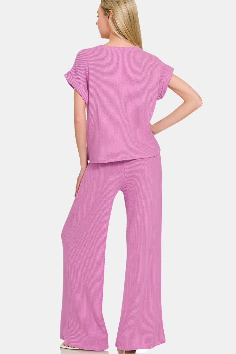 Sweater Rolled Sleeve Top & Long Pants Set / MAUVE