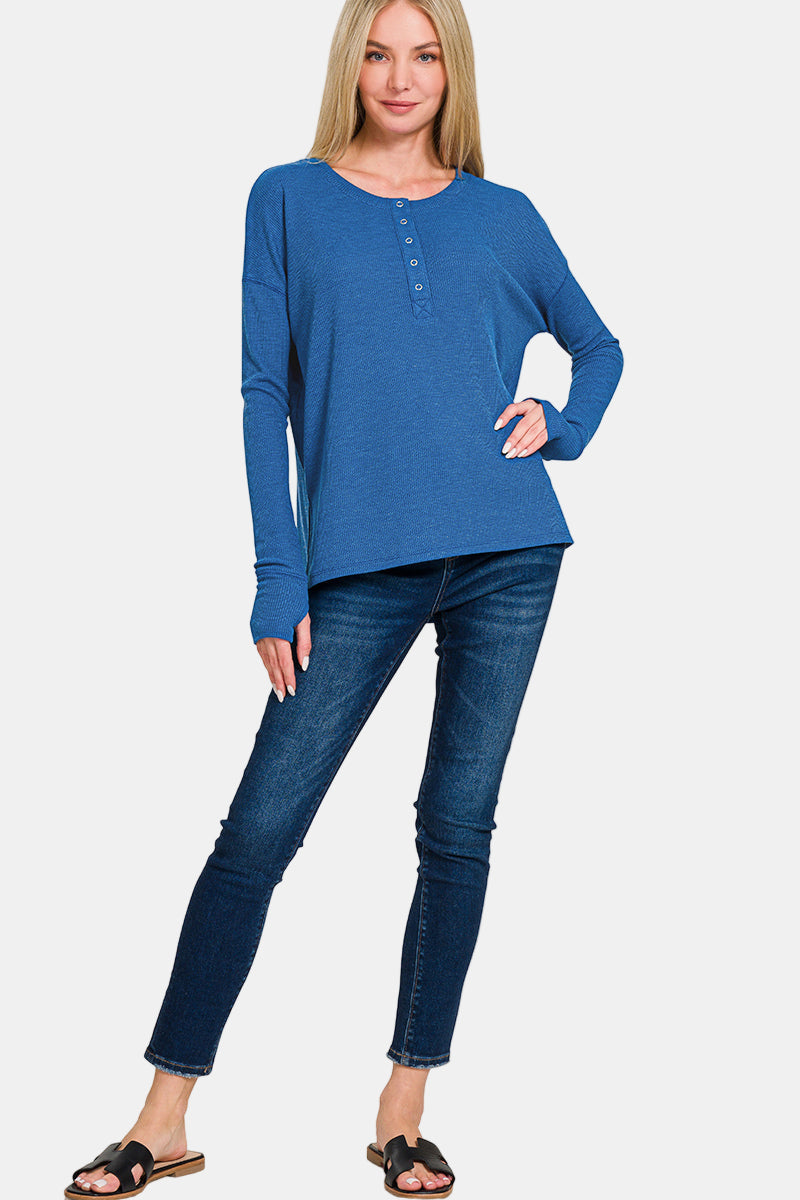 Waffle Thumb Hole Cuffs Henley Tee / DEEP SKY
