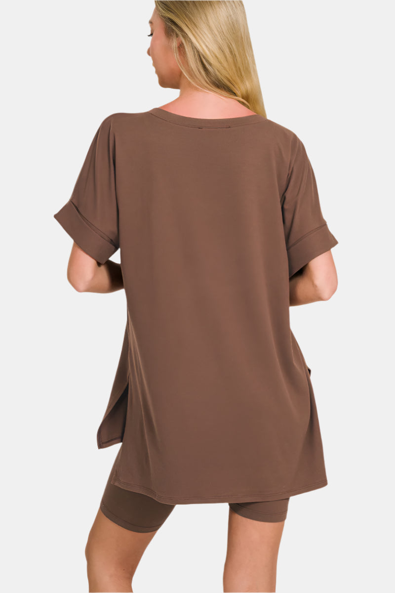 Brushed DTY Microfiber V-Neck Top & Biker Shorts / BONE