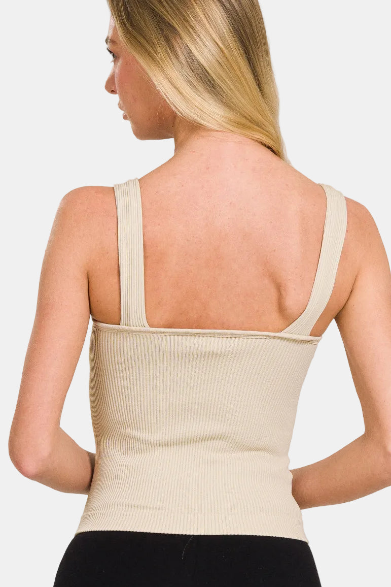 Ribbed Seamless Bra Padded V-Neck Tank Top / WHITE