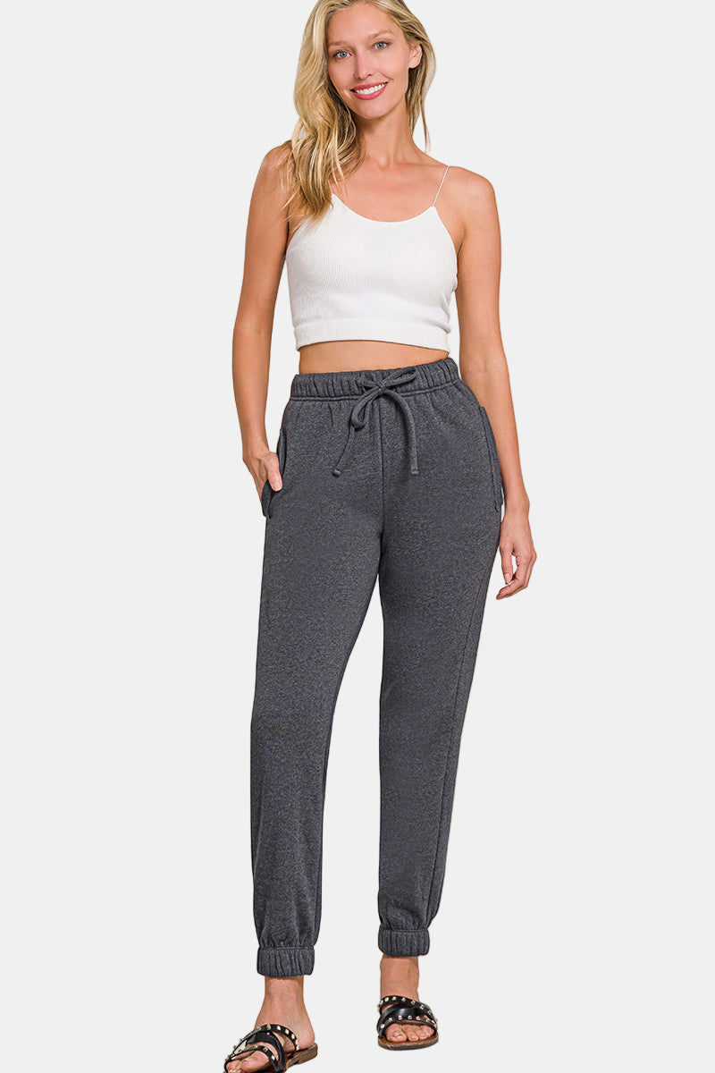 Fleece Drawstring Joggers With Pockets / BLACK