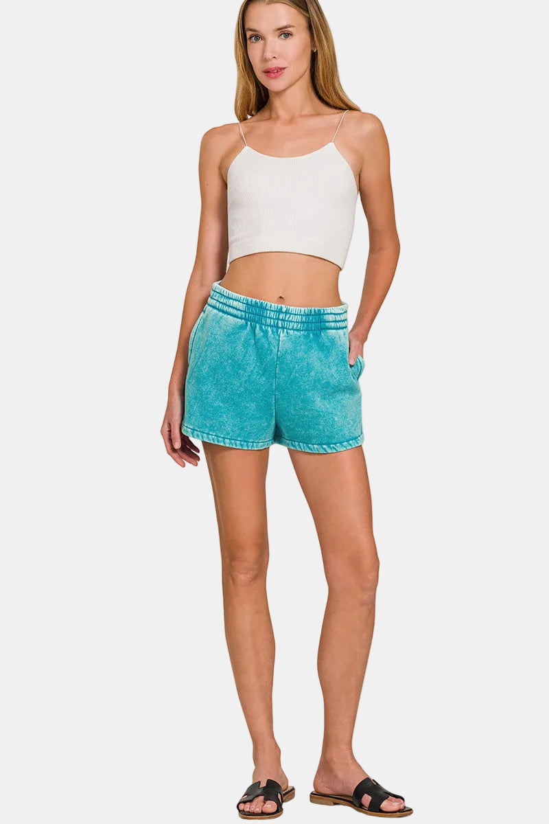 Acid Washed Elastic Waistband Dolphin Shorts / FOREST