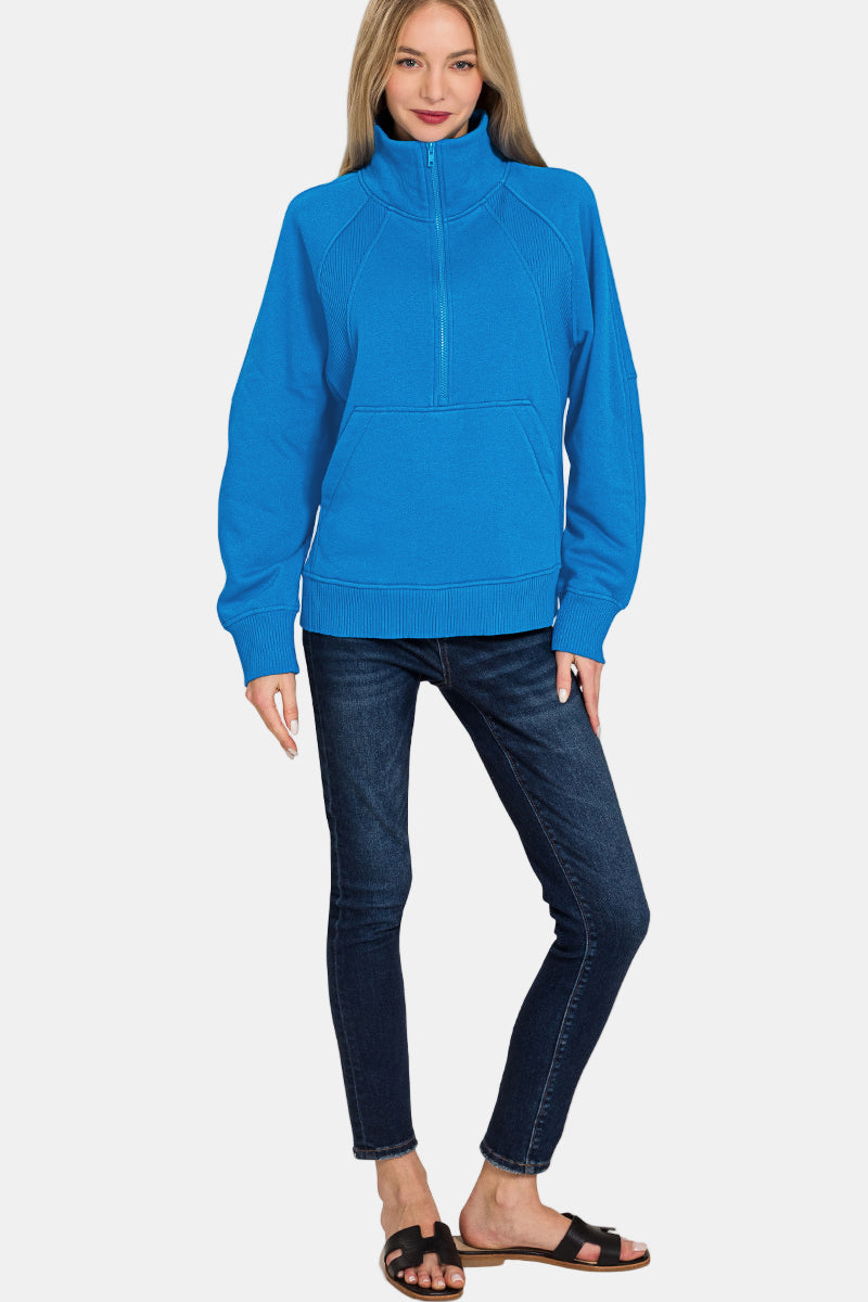 Half Zip Fleece Pullover with Kangaroo Pocket / BROWN