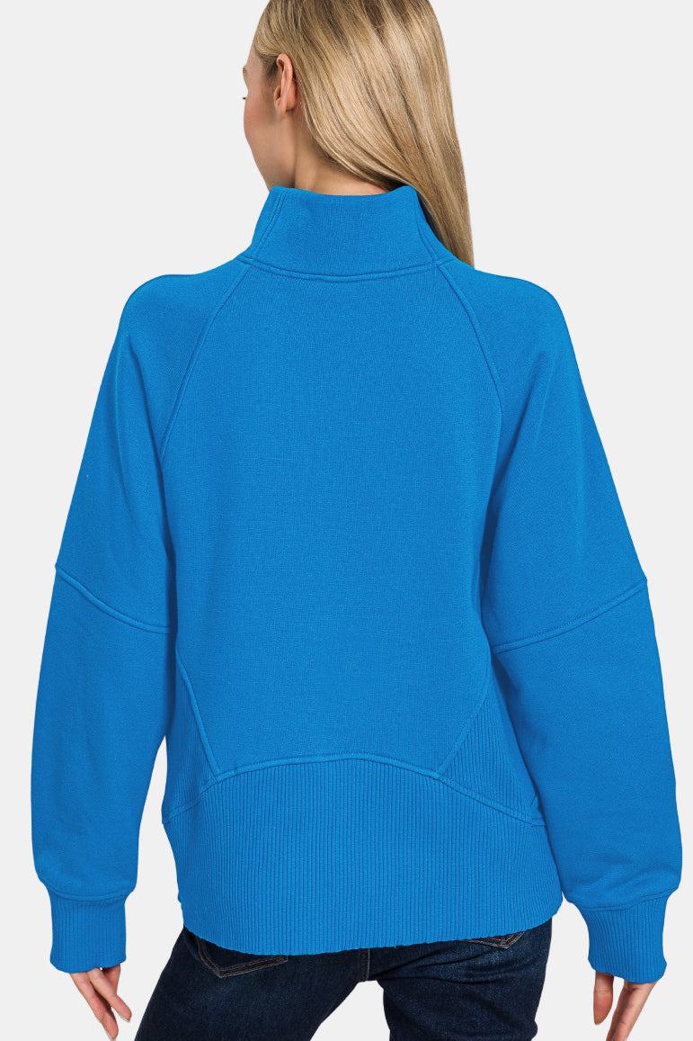 Half Zip Fleece Pullover with Kangaroo Pocket / BROWN