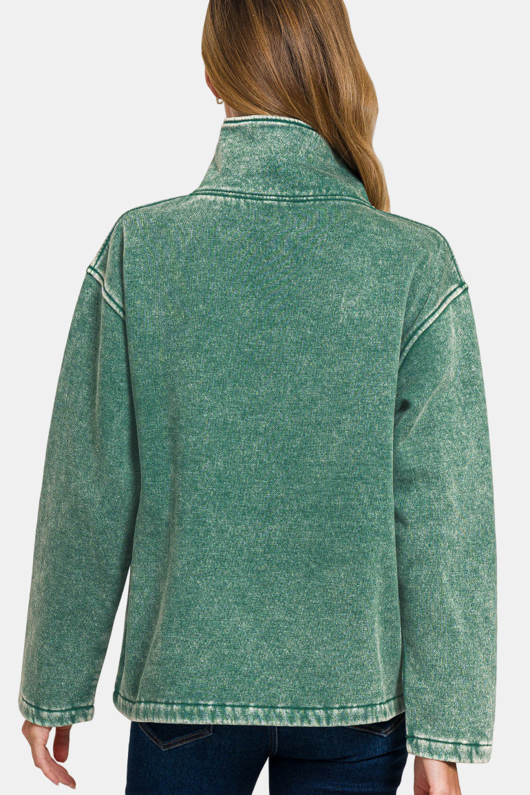 Fleece Washed High Neck Kangaroo Pocket Pullover / BLUE GREY
