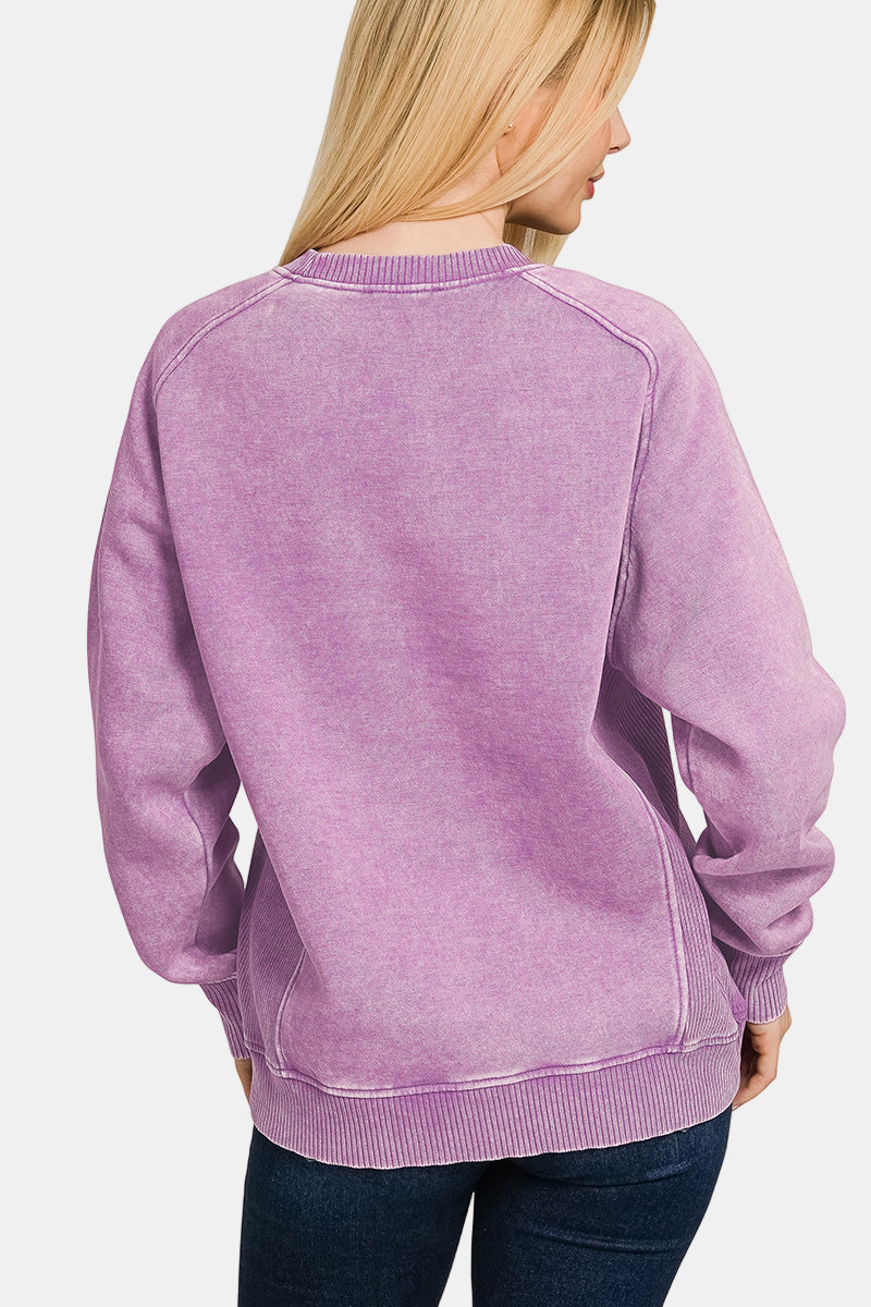 Acid Washed Fleece Sweatshirt with Side Rib / ASH MOCHA