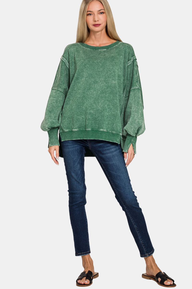 Acid Washed Batwing Sleeve Hi-Low Fleece Sweatshirt / ASH BLUE
