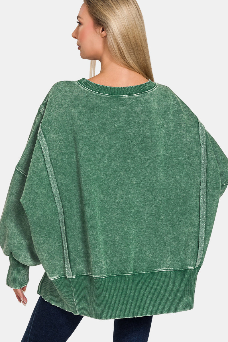 Acid Washed Batwing Sleeve Hi-Low Fleece Sweatshirt / ASH BLUE
