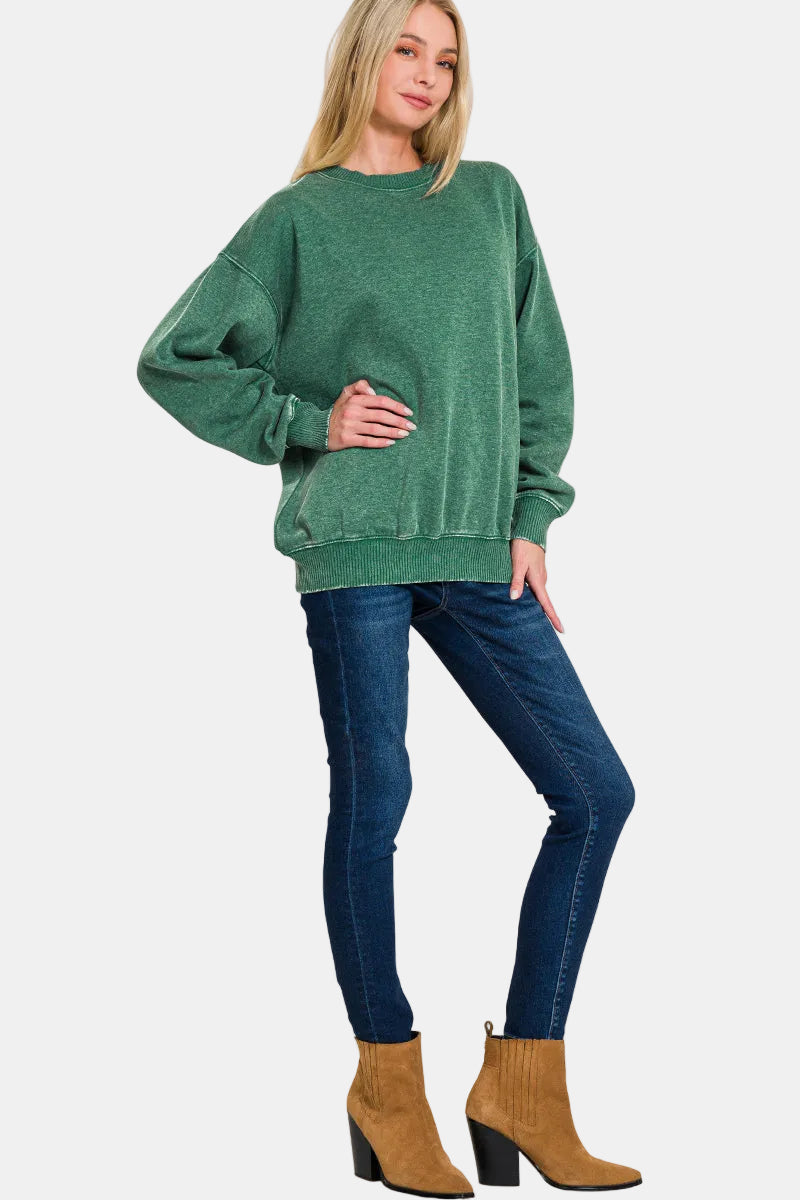 Fleece Acid Enzyme Washed Round Neck Sweatshirt / ARMY GREEN