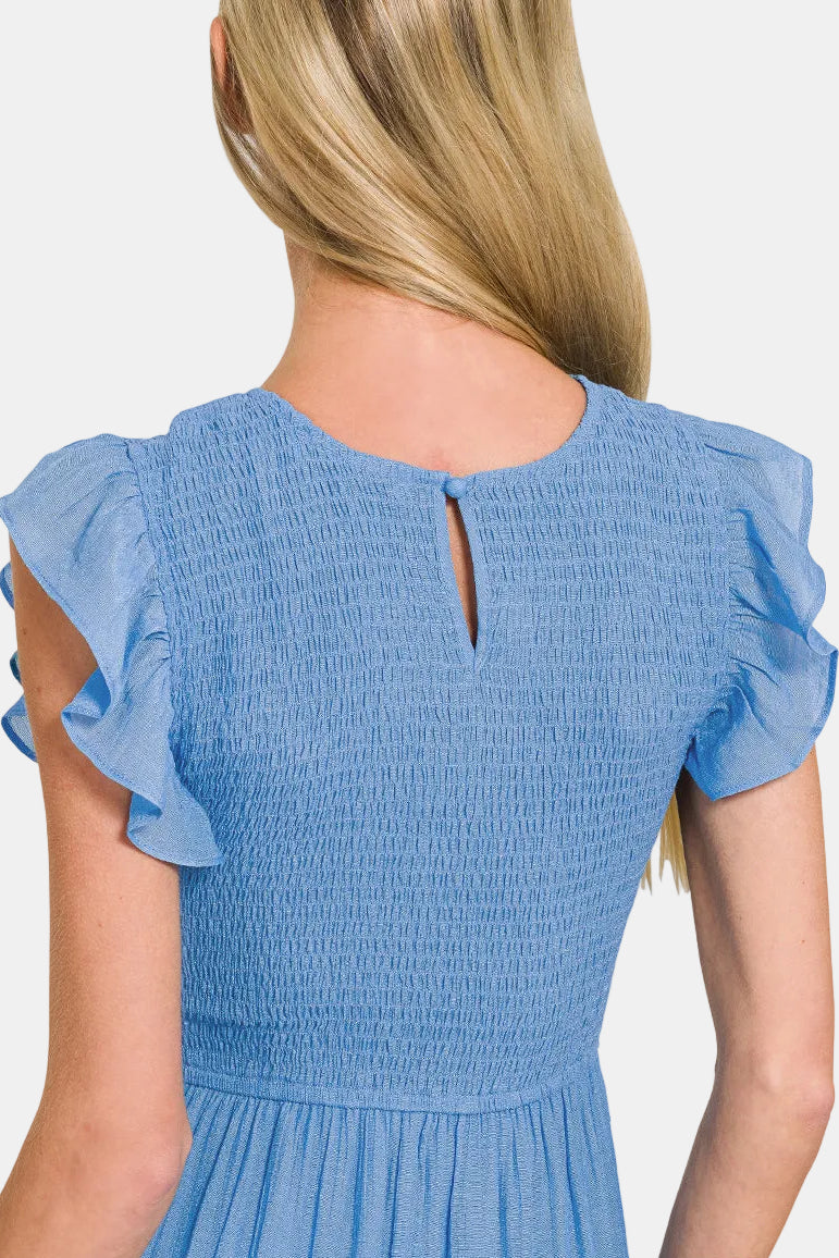 Woven Smocked Ruffle Sleeve Midi Dress / CORAL