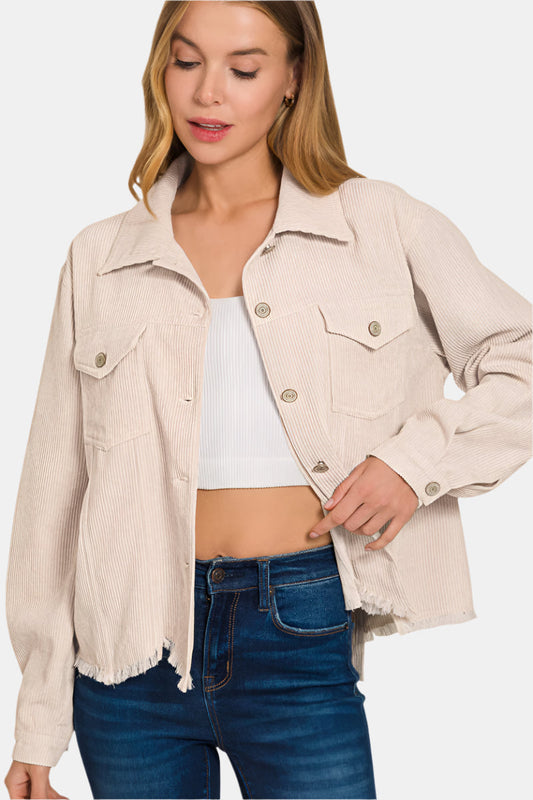 Distressed Corduroy Frayed Hem Cropped Jacket / SAND BEIGE