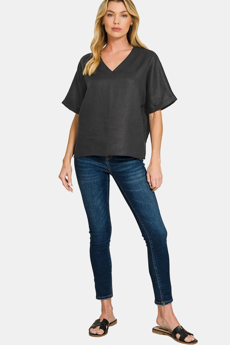 Linen V-Neck Cuffed Sleeve Top / ASH MOCHA