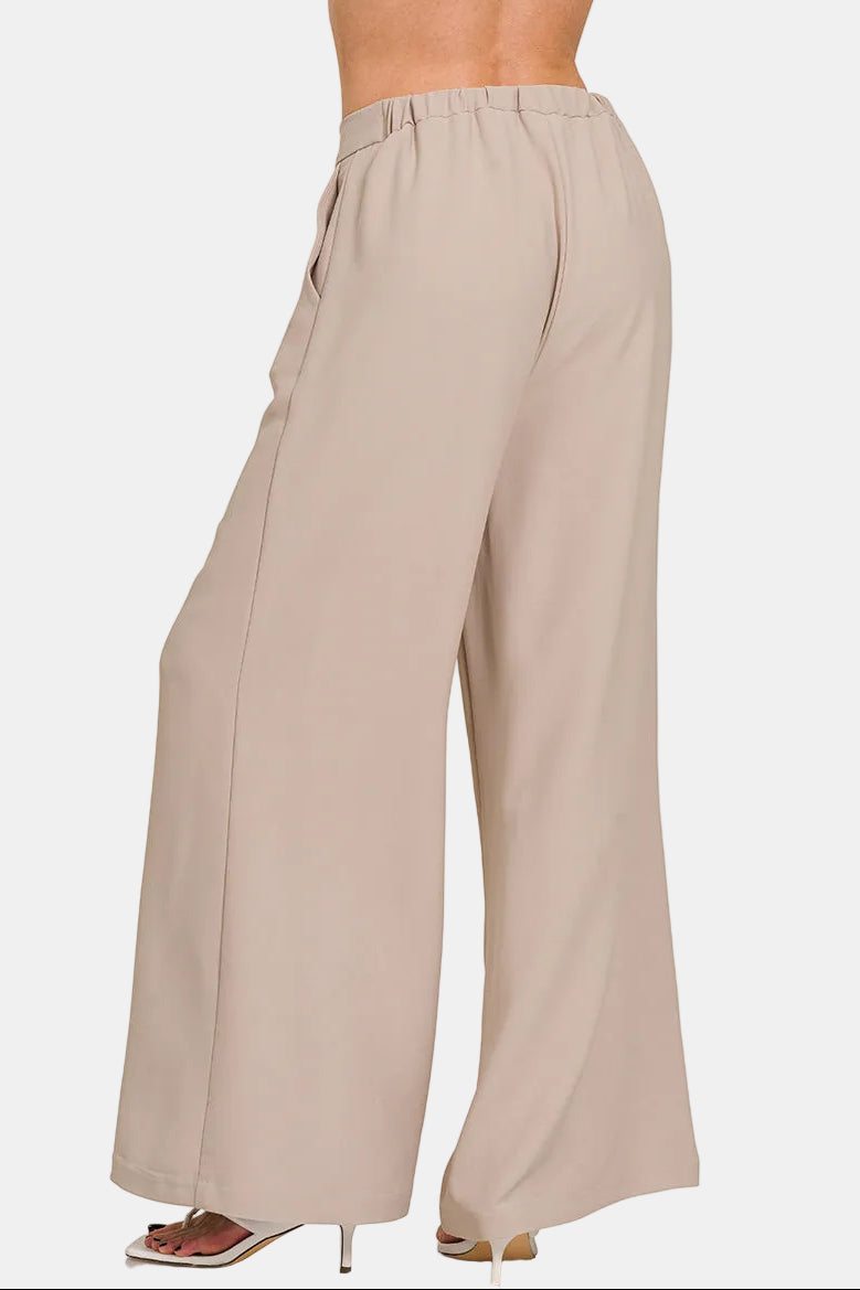 Relaxed Fit Elastic Waisted Wide Leg Pants / SAND BEIGE