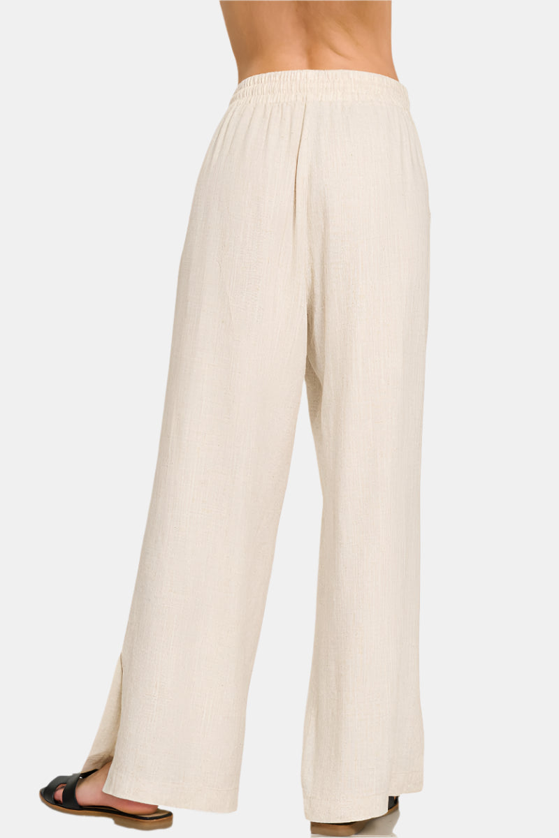 Linen Drawstring Pants With Side Slits / BLACK