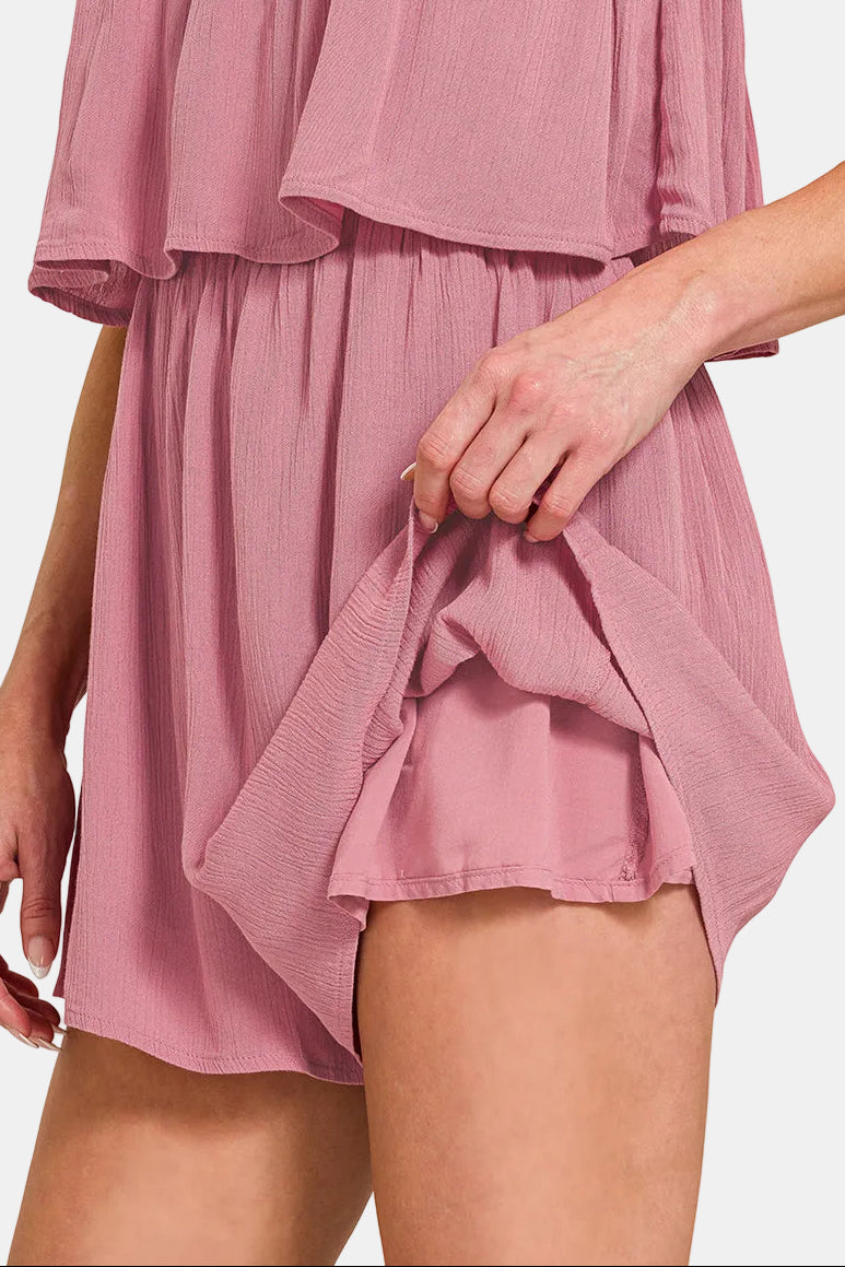 Woven Crinkle Strapless Romper / LT ROSE