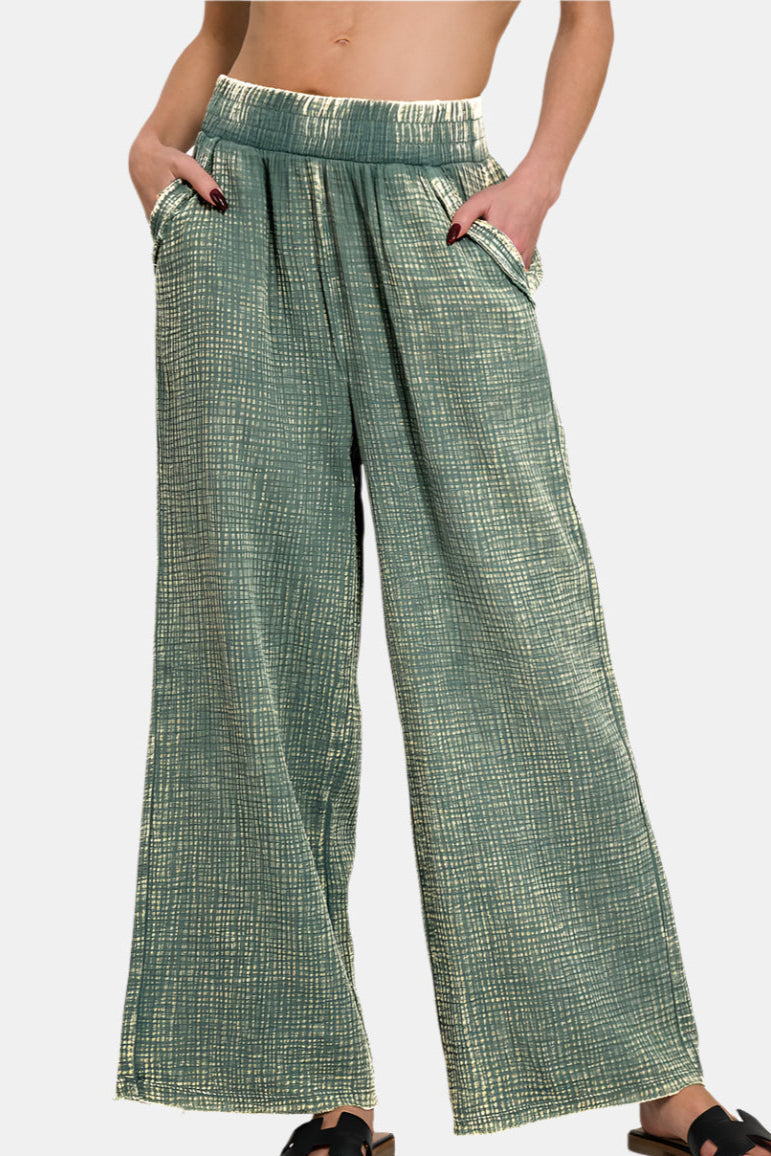 Washed Double Gauze Elastic Band Waist Pants / ASH JADE