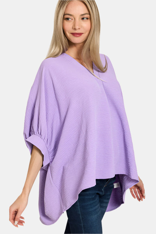 Woven Airflow V-Neck Puff Half Sleeve Top / LAVENDER