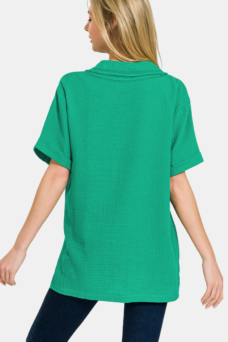 Double Gauze V-Neck Short Sleeve Top / LT TEAL