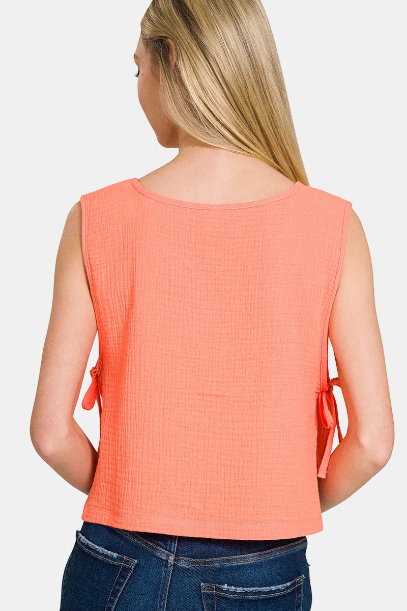Double Gauze Side Tie Sleeveless Top / DUSTY TEAL