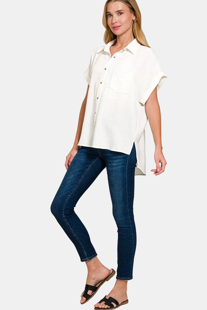 Woven Airflow Button Down Shirt / BLACK