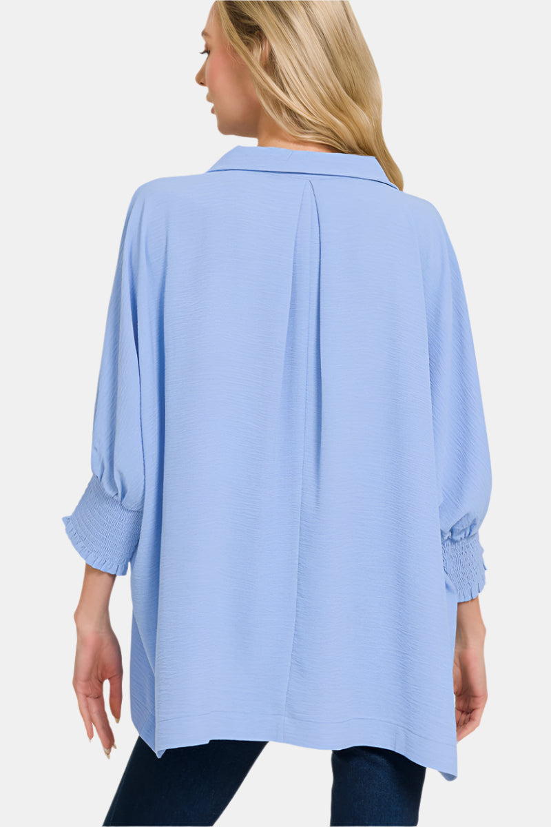 Airflow Collar Tee with Smocked Sleeve Band Top / DUSTY BLUE