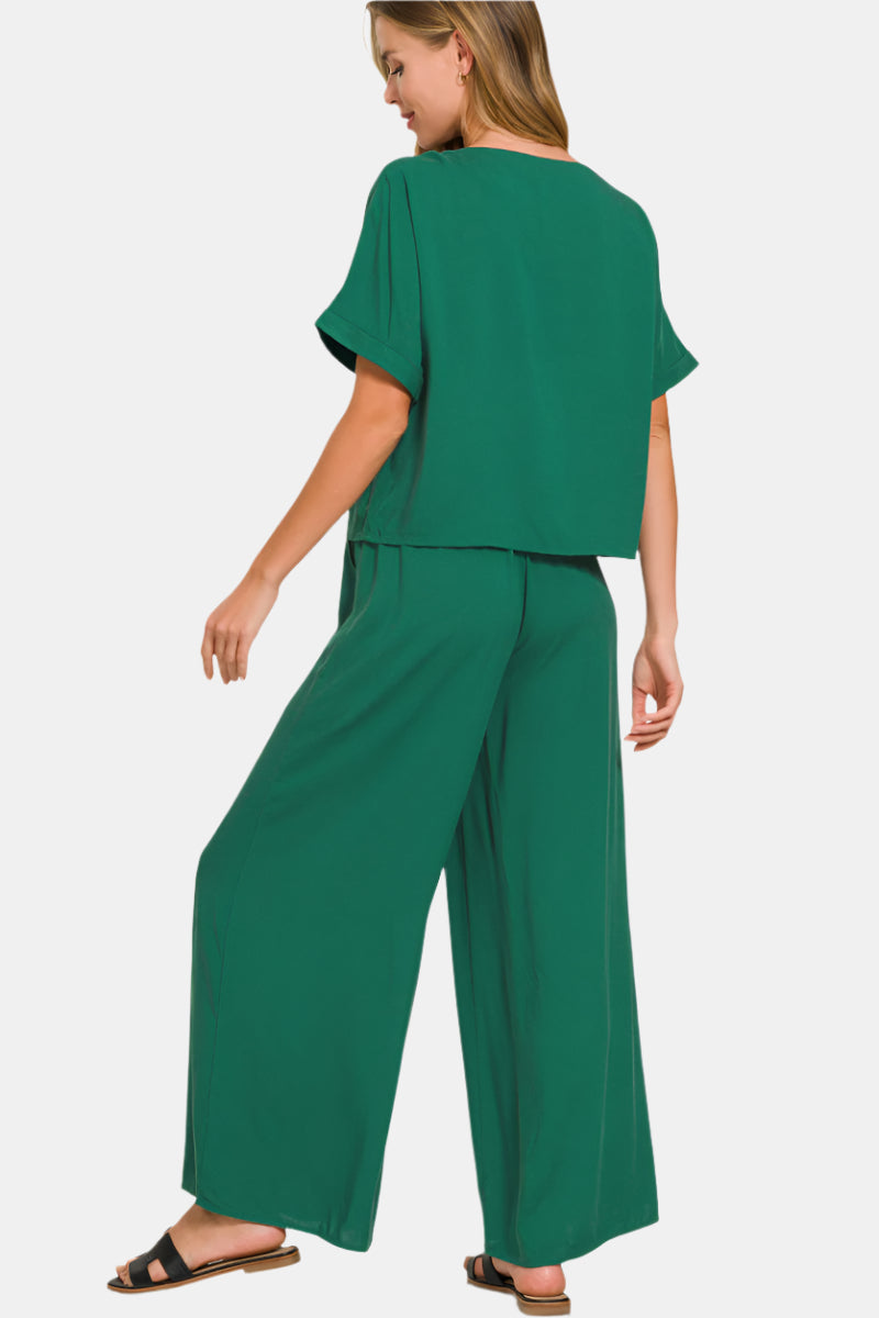 Woven Short Sleeve & Long Pants Set / BRIGHT MAUVE