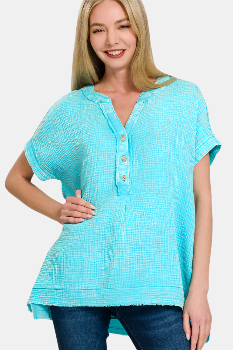 Washed Double Gauze 3/4 Button Henley Neck Shirt / MINT SKY