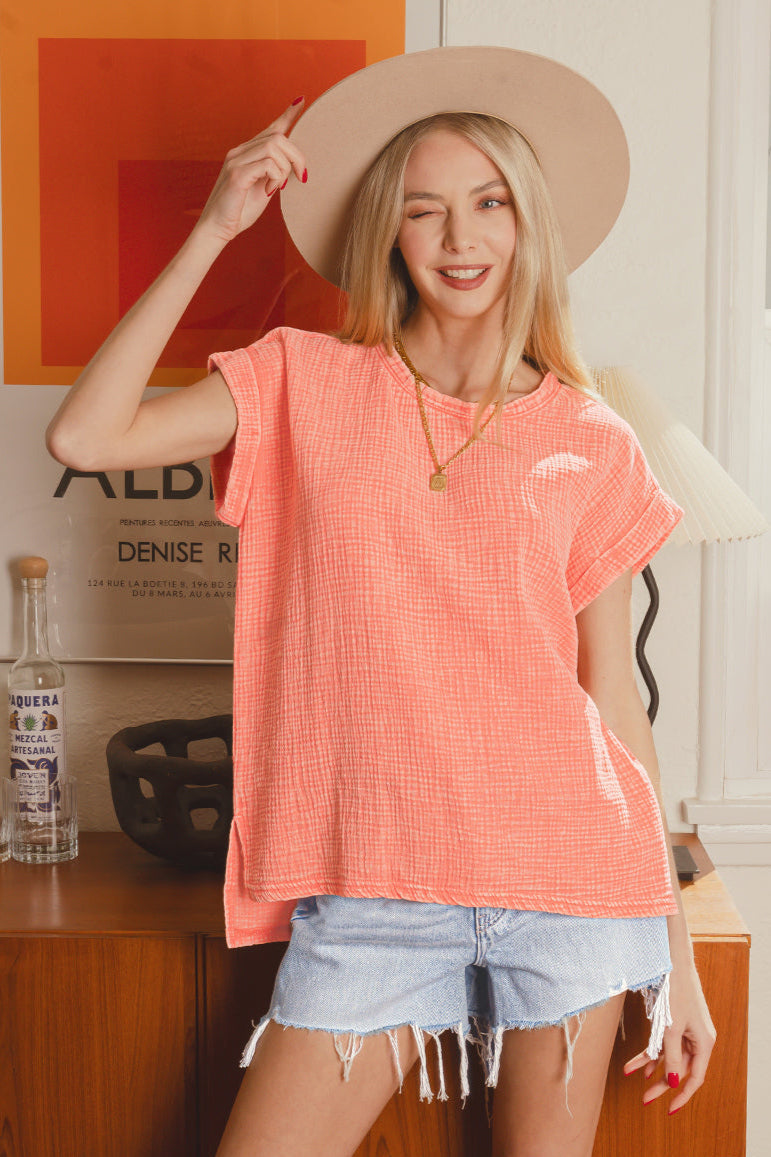 Woven Double Gauze Acid Washed Short Sleeve Top / K GREEN