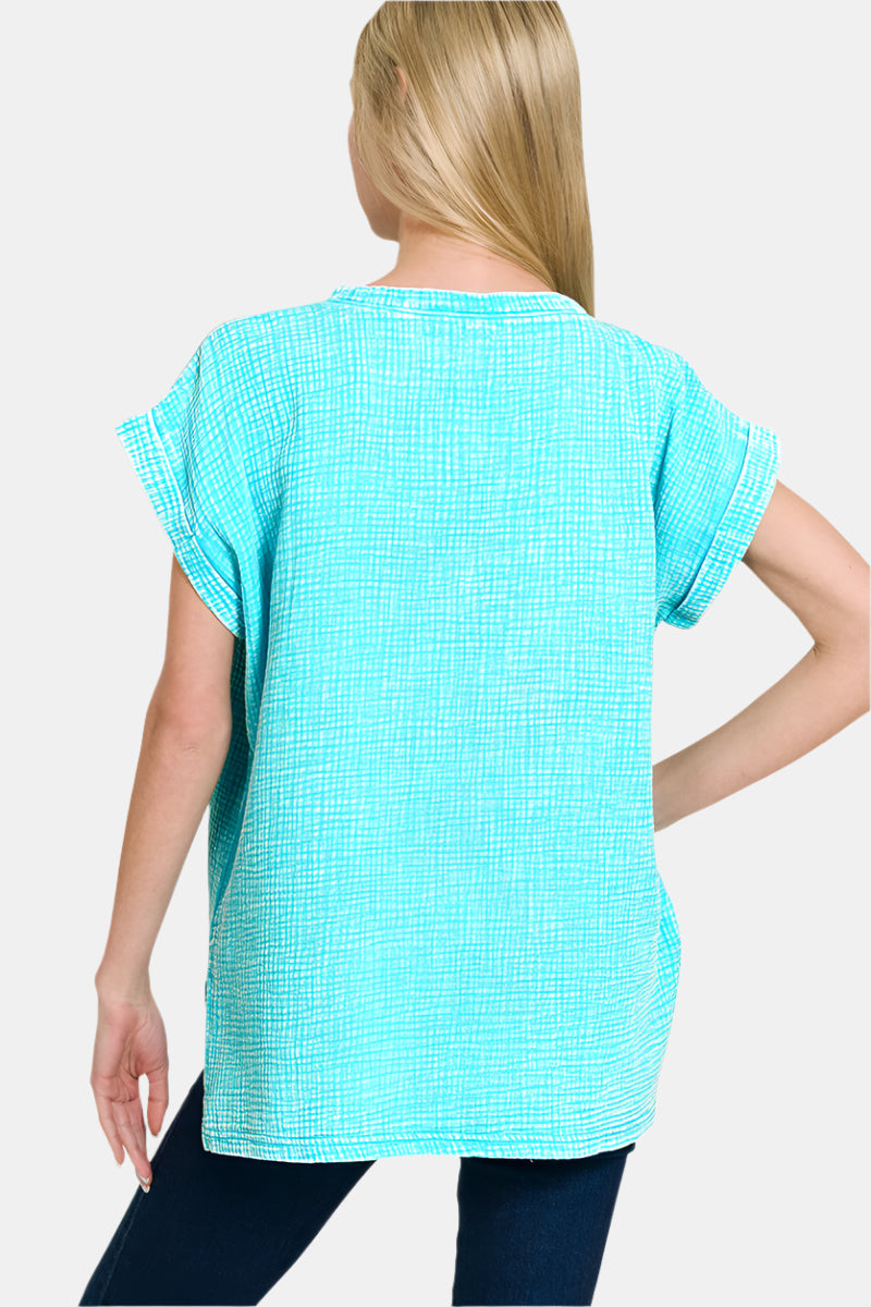 Woven Double Gauze Acid Washed Short Sleeve Top / DEEP SKY