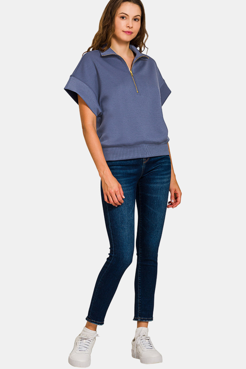 Scuba High Neck Half Zip Short Sleeve Pullover / BROWN
