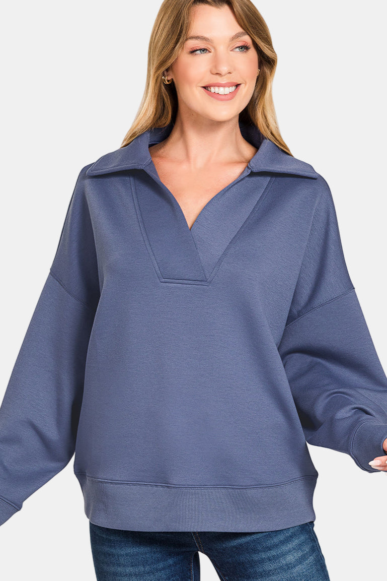 Scuba Collared Pullover & Center Seam Pants Set / BLUE INDIGO