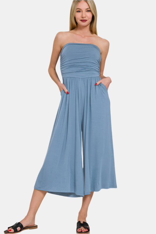 Double Layered Strapless Tube Top Jumpsuit / DUSTY BLUE