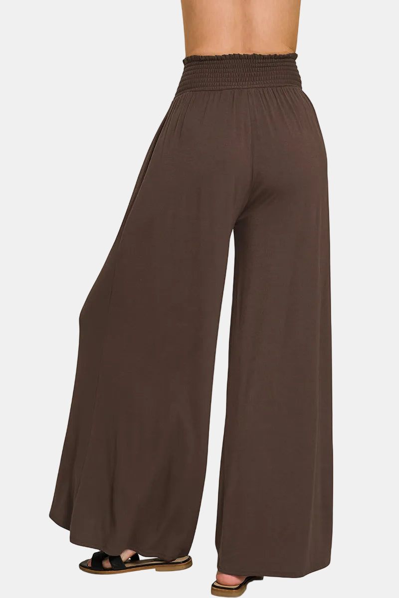 Smocked Waist Wide Leg Palazzo Pants / CHARCOAL