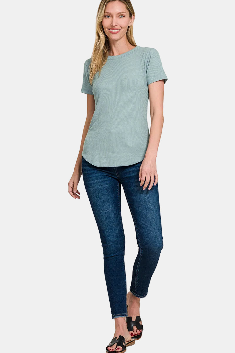 Ribbed Curved Hem Round-Neck Tee / SAND BEIGE