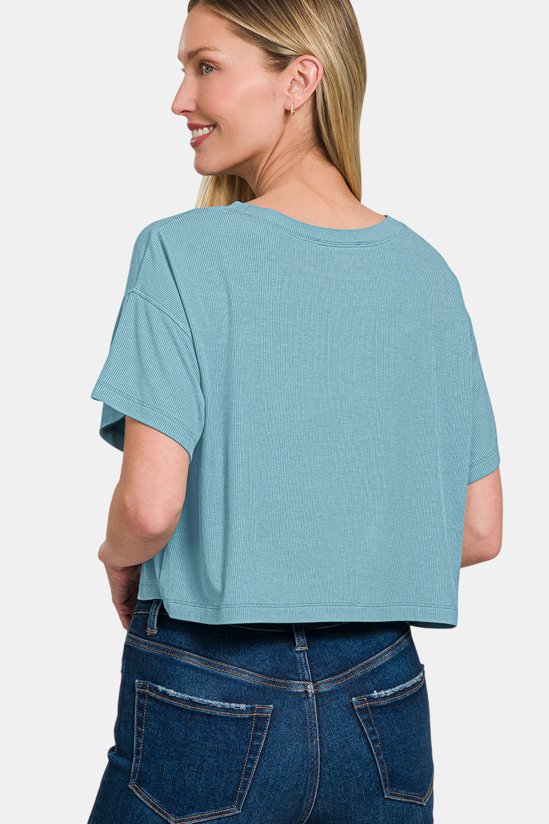 Ribbed Round-Neck Crop Box Tee / DUSTY TEAL
