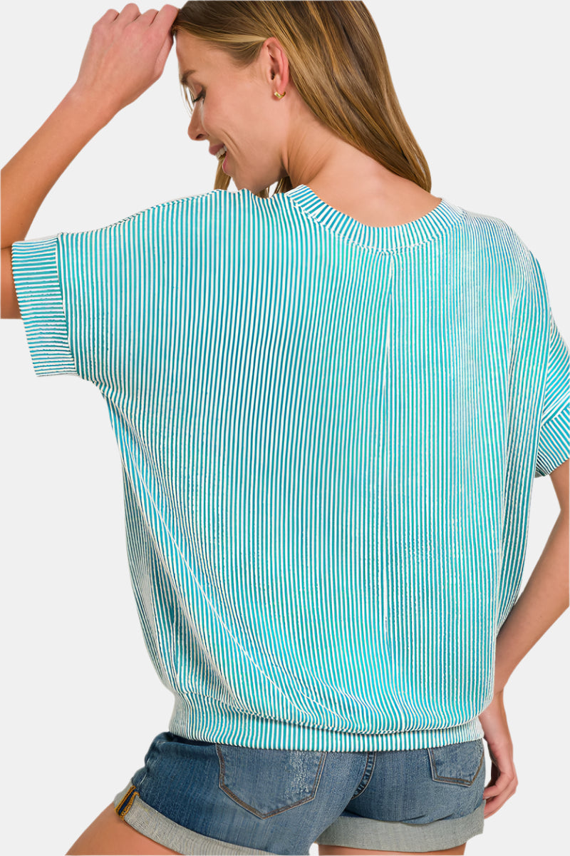 Corded Rib Short Sleeve Top / DK GREEN