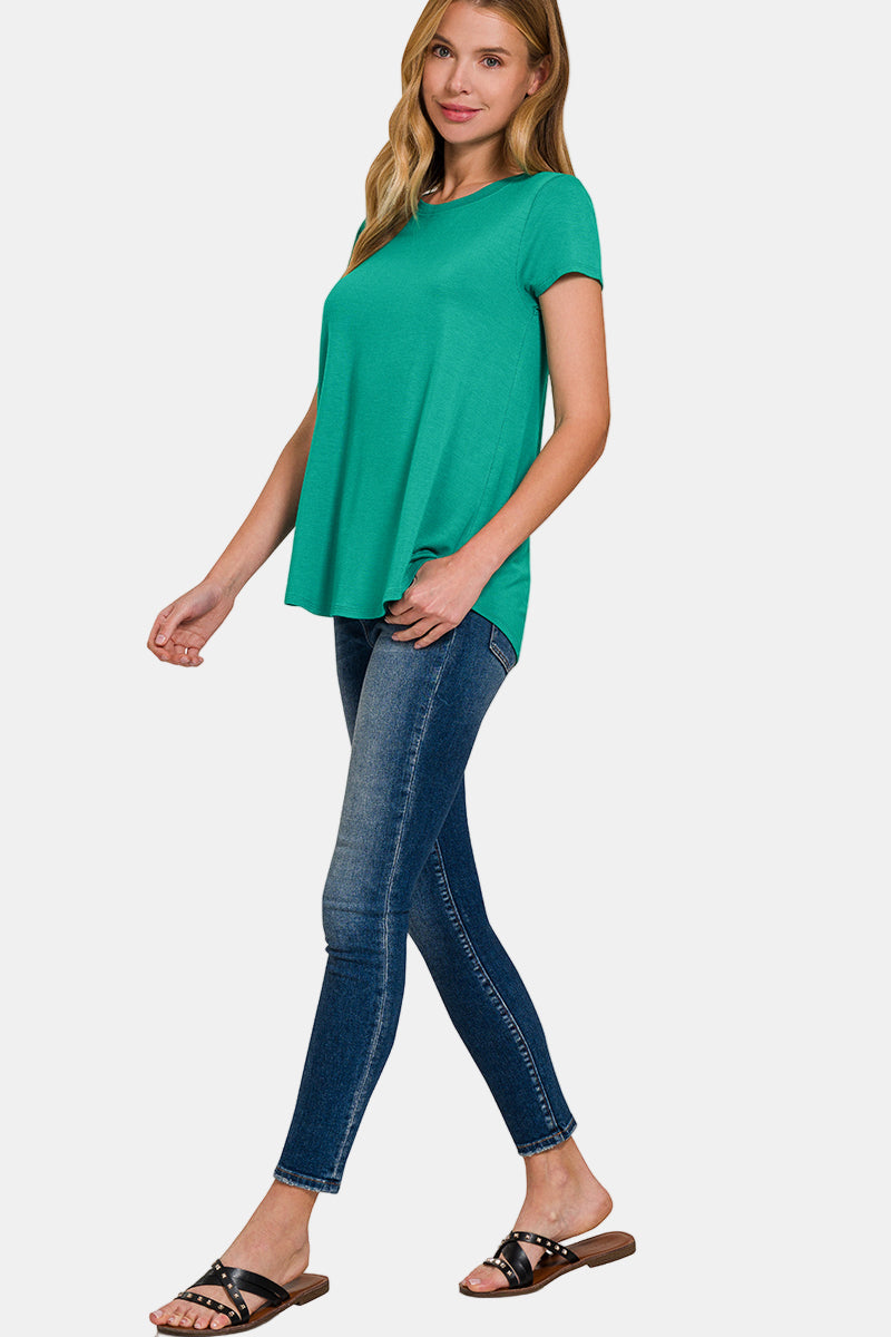 Flowy Round Hem Rayon Short Sleeve Top / BLACK