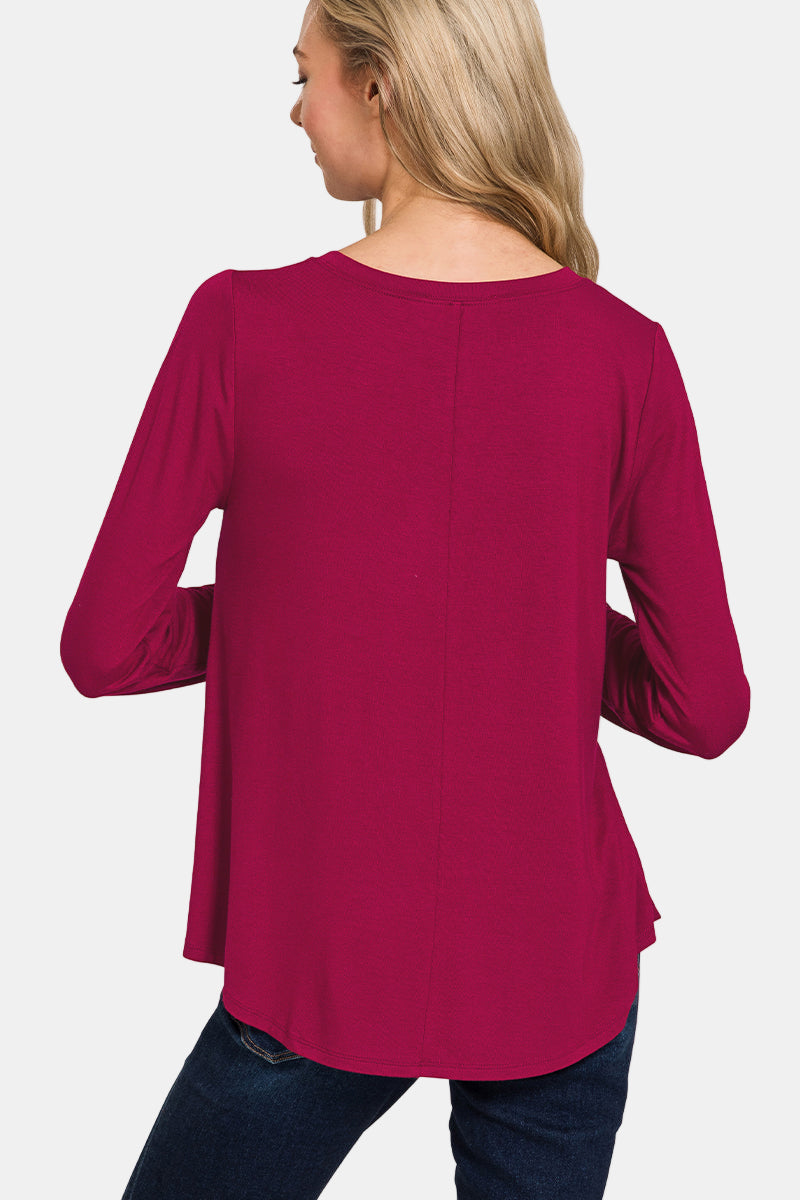 Flowy Round Hem Rayon Long Sleeve Top / RUBY