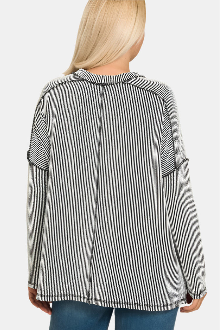 Raised Rib Raw Edge Boat Neck Long Sleeve Top / RUBY