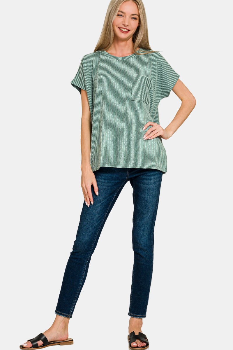 Raised Rib Front Pocket Boxy Top / DUSTY BLUE