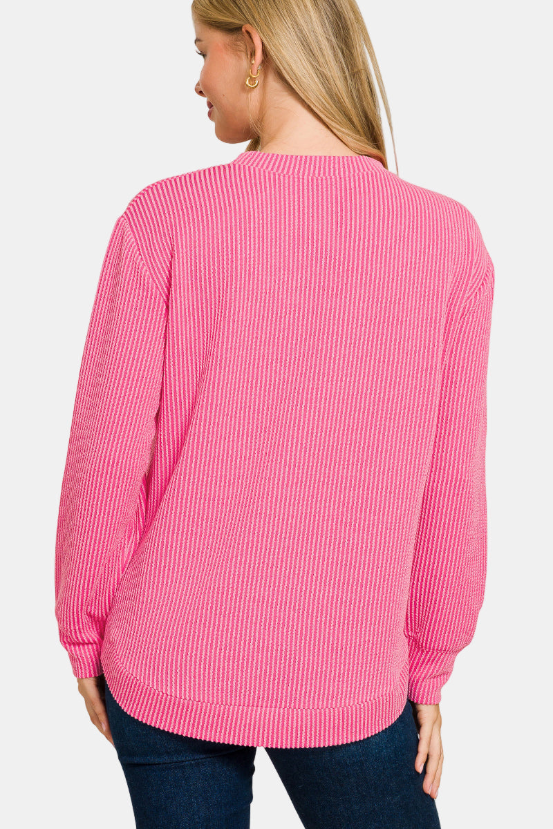 Raised Rib Round Neck Long Sleeve Top / DUSTY BLUE